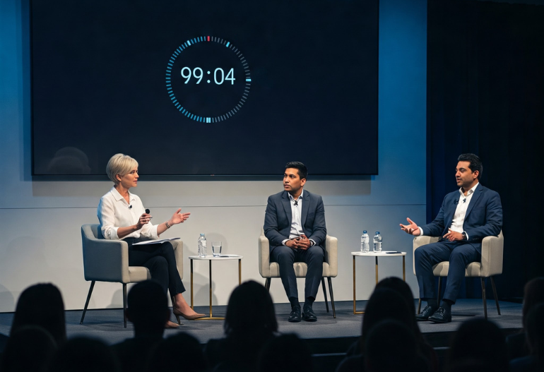 Countdown timer displayed during a live panel discussion to manage session time.
