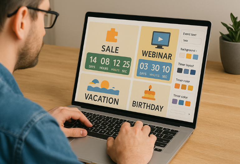 Custom countdown timer interface tailored for different event formats like webinars, conferences, and meetings