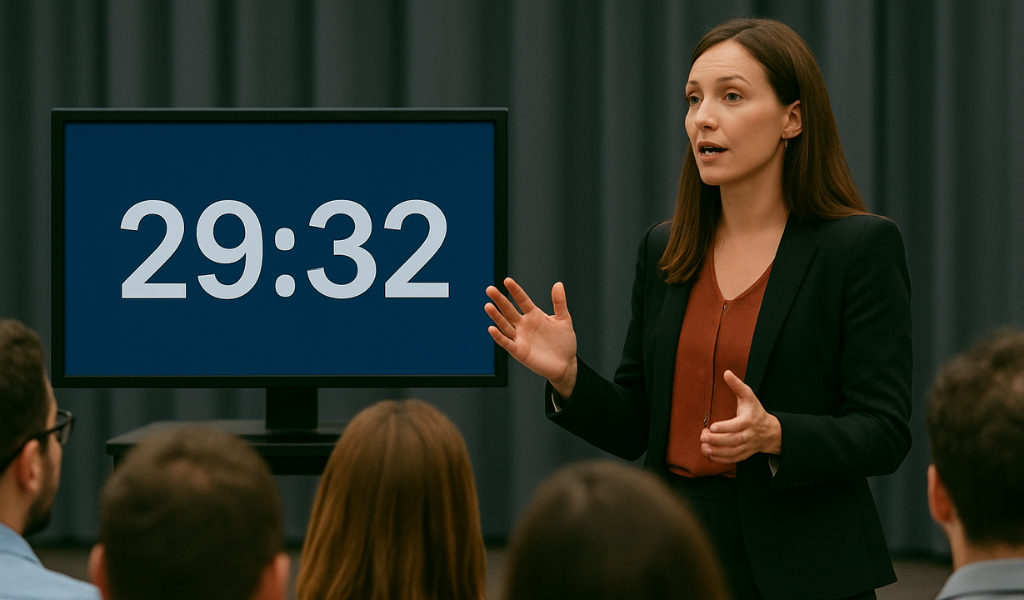 Presenter using a countdown timer on stage to manage session time and improve speaker performance