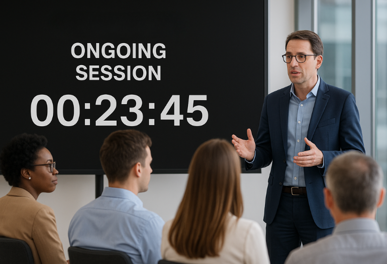 Digital timer for sessions displayed on screen during a webinar or live conference