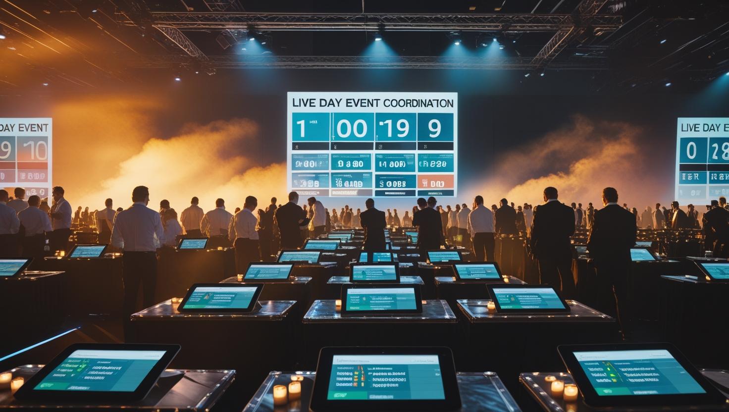 Event manager using a tablet to monitor real-time countdown timers and control live speaker sessions on stage at a professional conference