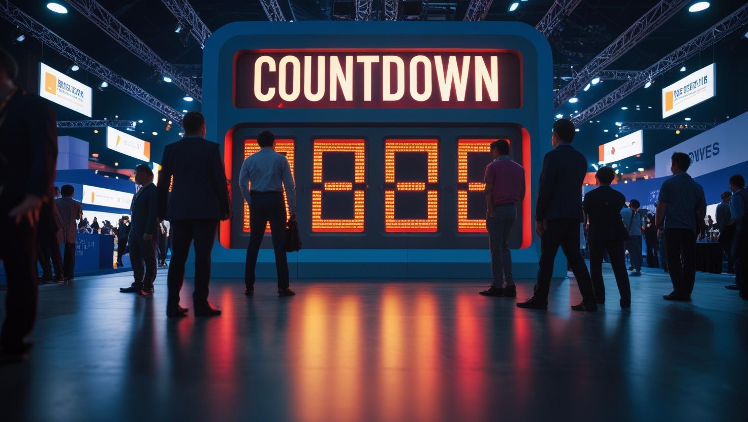 Event organizers using digital countdown timers to manage speaker sessions and crowd flow at a busy live day exhibition, ensuring precise time management and smooth transitions.