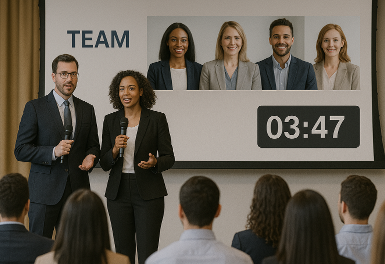 Event organizer checking a countdown timer for events during a live conference session