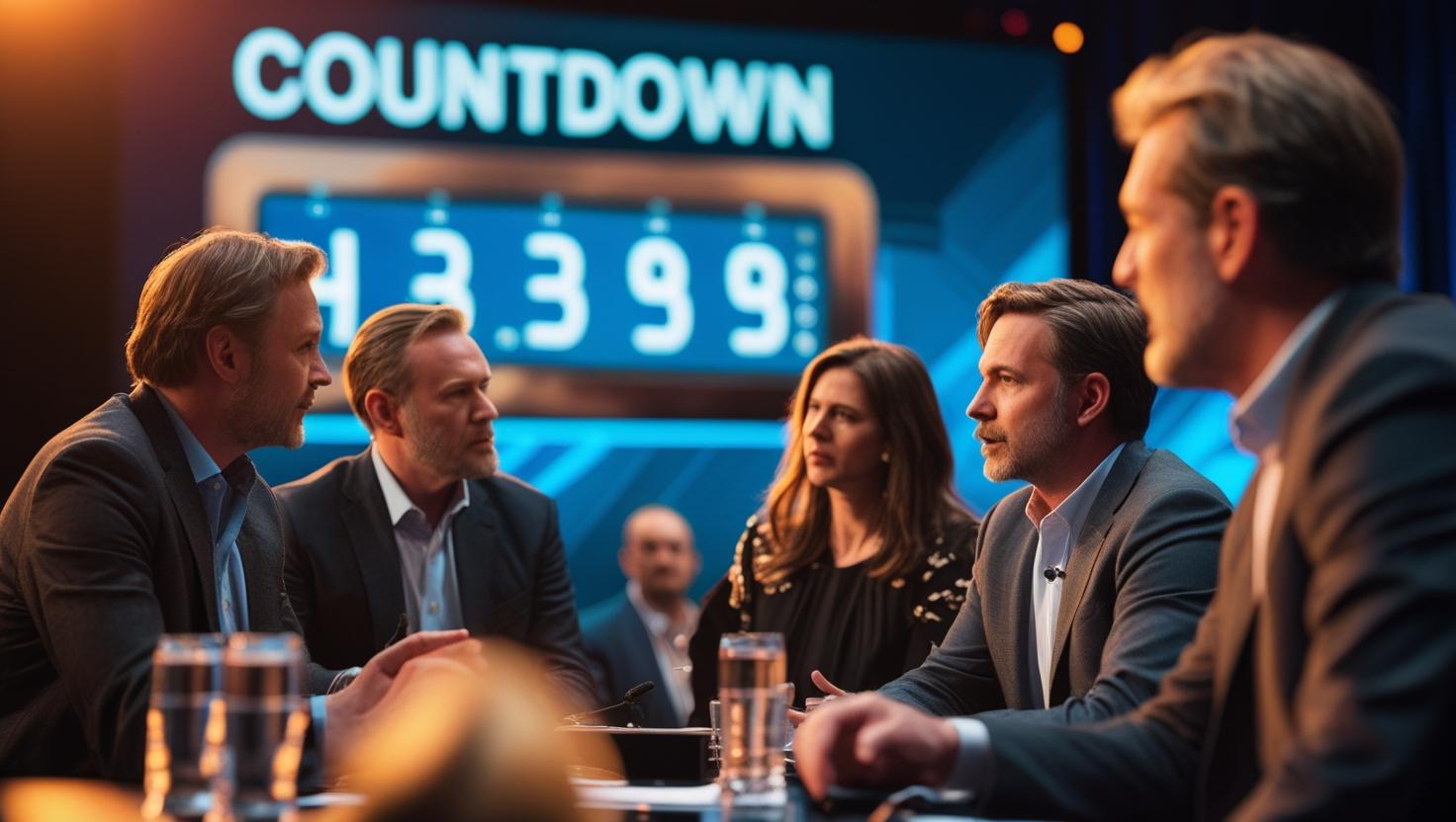 Event moderator using a visual countdown timer during a panel discussion to manage session timing effectively on stage.