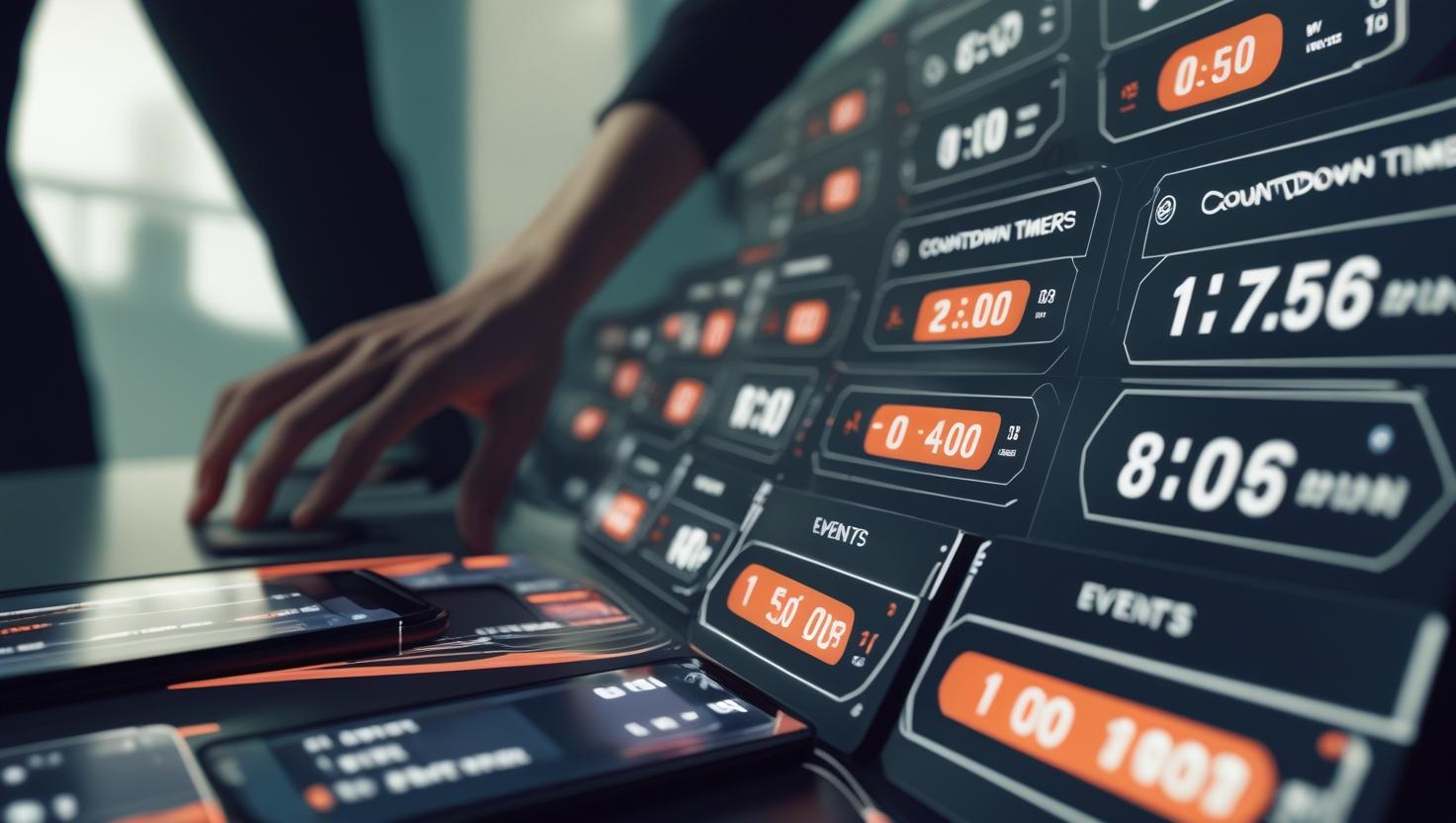 Event organizer managing multiple countdown timers across web, mobile, and stage screens for a hybrid conference.