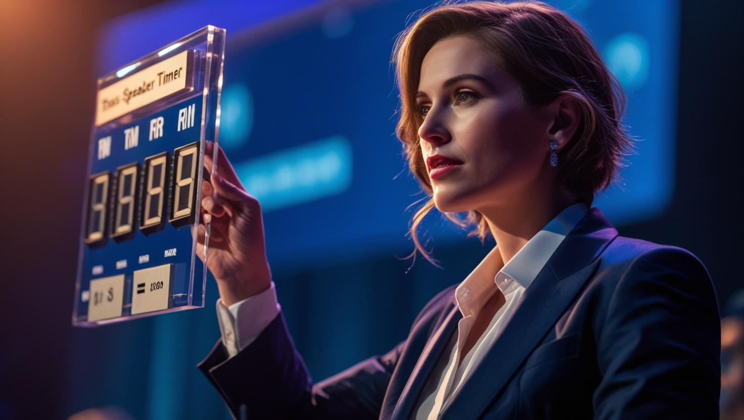 Event coordinator managing speaker timer backstage during a large conference