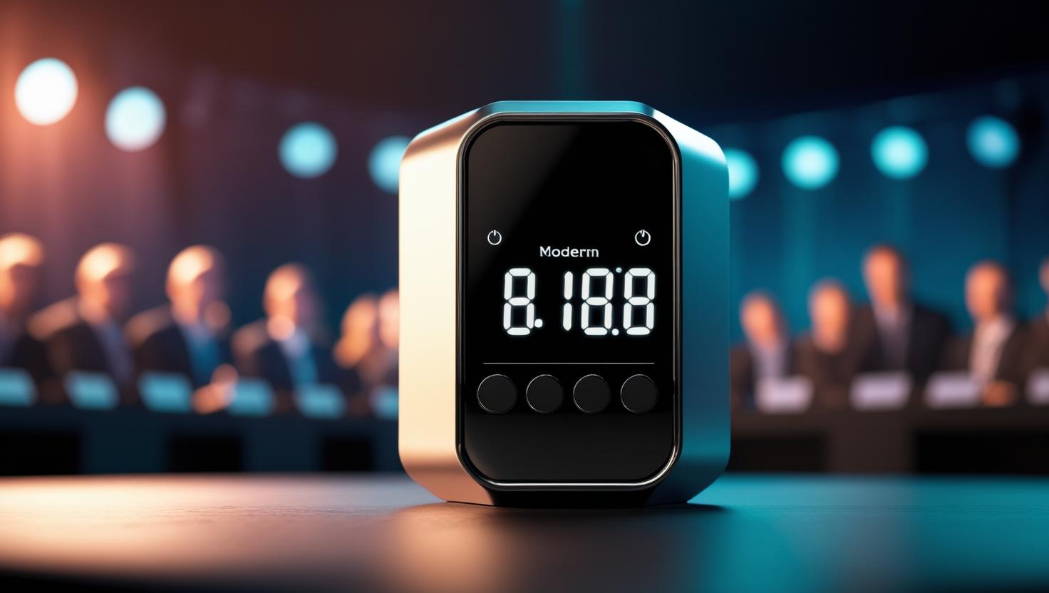 Speaker using a digital countdown timer on stage at a conference, highlighting time remaining for their presentation