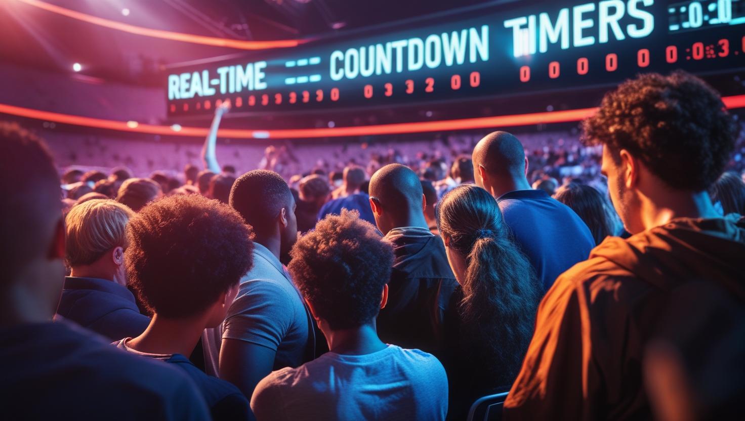 Speaker delivering a presentation for real time countdown timer with a visible on-stage countdown timer, engaging a focused audience at a business conference