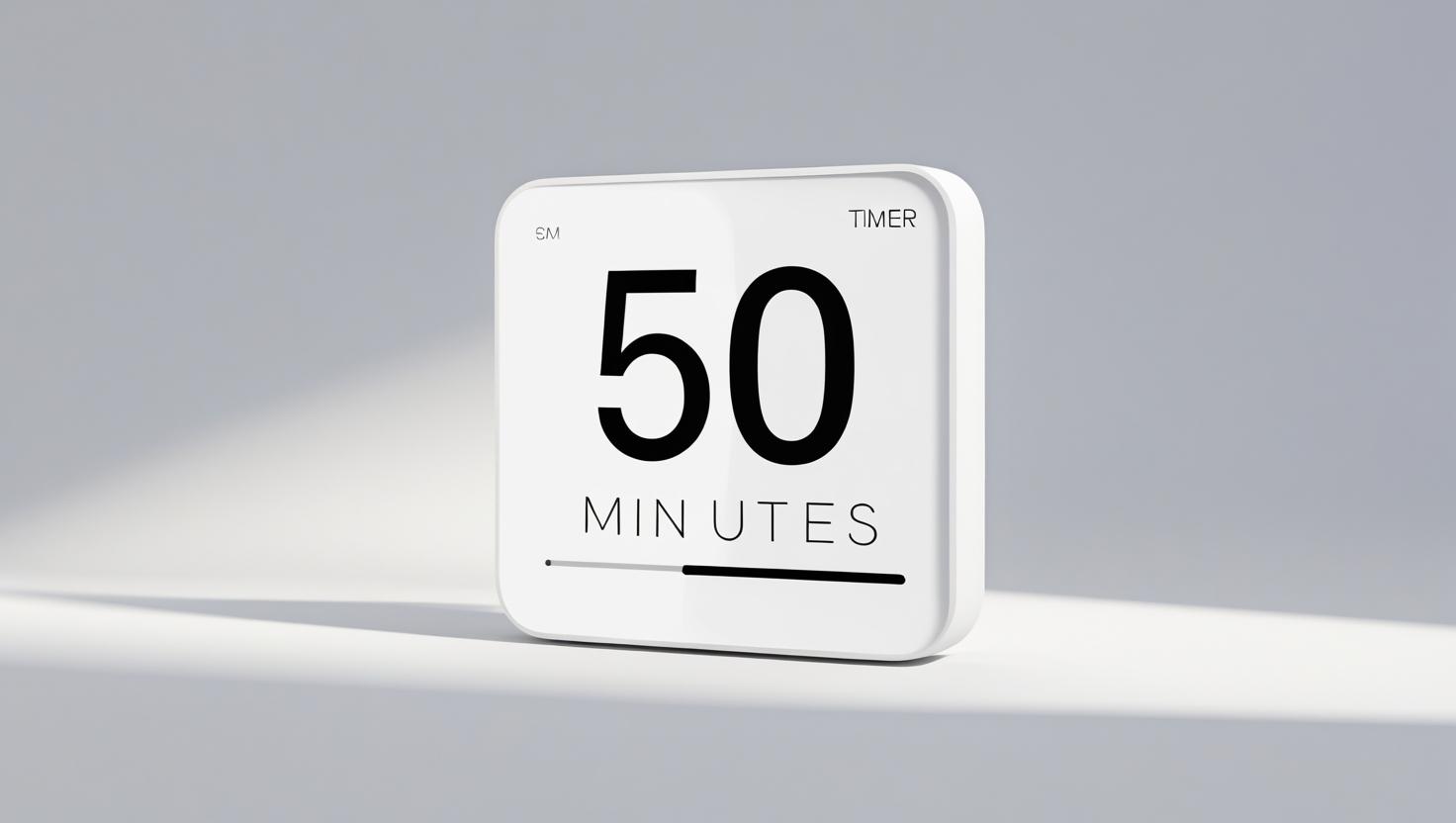 A digital countdown clock showing a fifty-minute timer set on a conference room screen during a focus session.