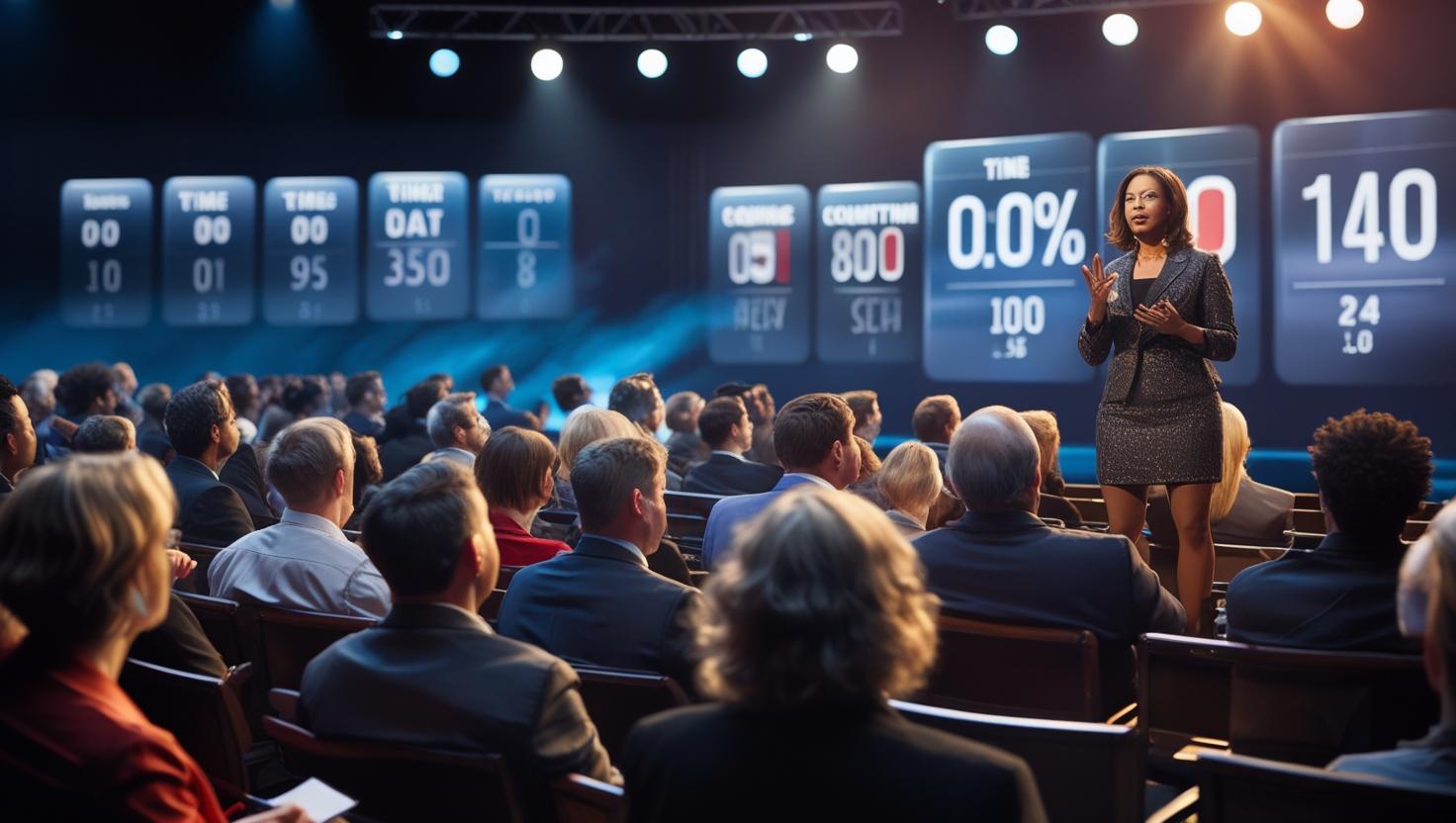 Public speaker checking a countdown timer during a live conference presentation to manage session time