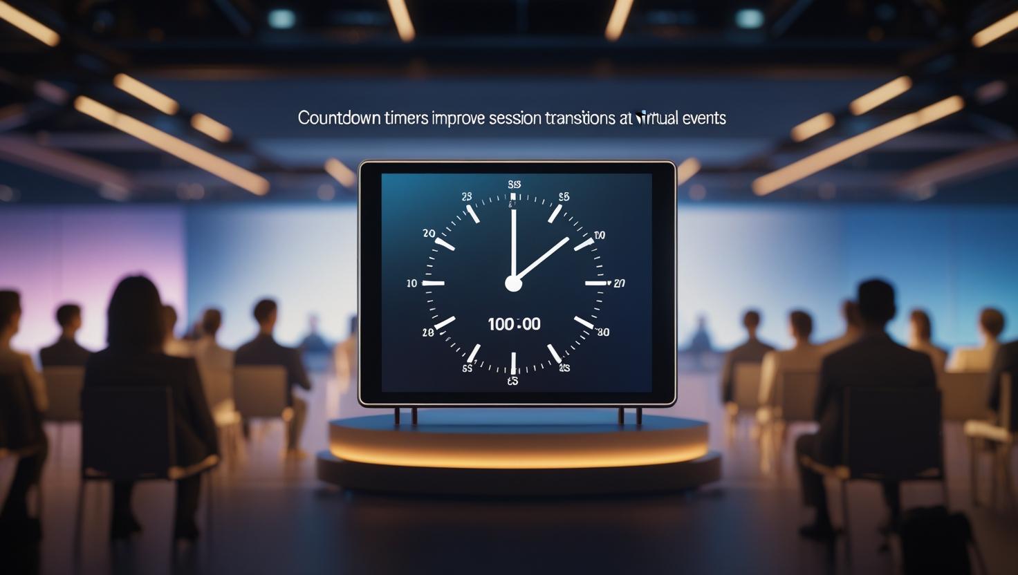 A virtual event interface displaying a countdown timer between sessions, helping attendees and speakers prepare for the next segment.