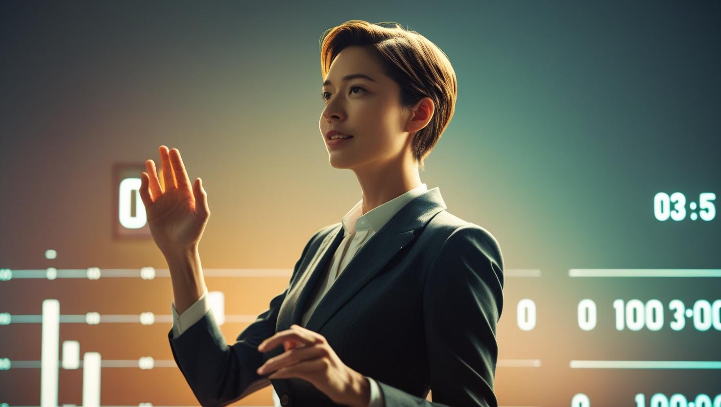 Speaker using a countdown timer on stage to boost confidence during presentation