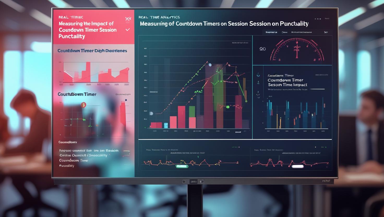 Event operations team monitoring a live dashboard displaying countdown timers and punctuality analytics across multiple conference sessions.