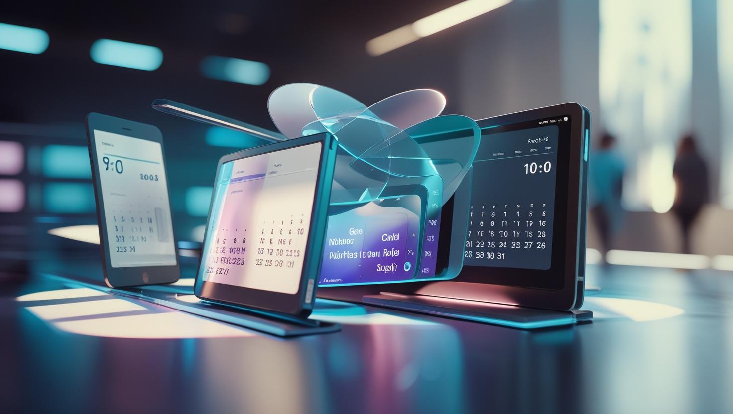 A digital countdown timer syncing countdown timers with Google, Apple, and Outlook calendars displayed on multiple devices—laptop, tablet, and smartphone—showing seamless integration across platforms.