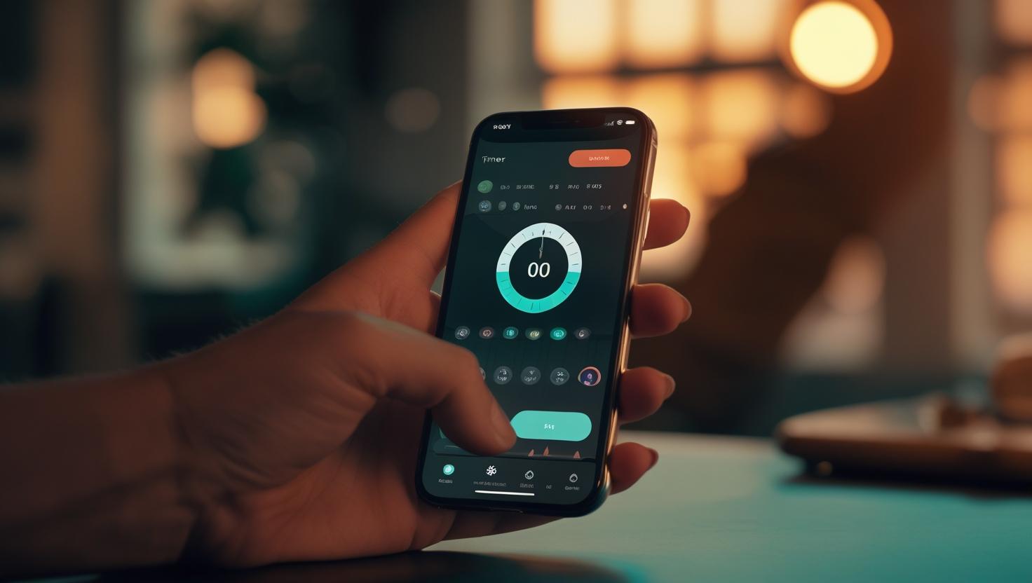 A digital countdown timer set to 8 minutes on a clean workspace desk.